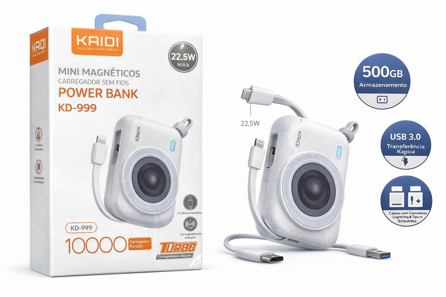 Power Bank Kaidi KD-999 10000mAh Turbo 22.5W Magnético Sem Fio