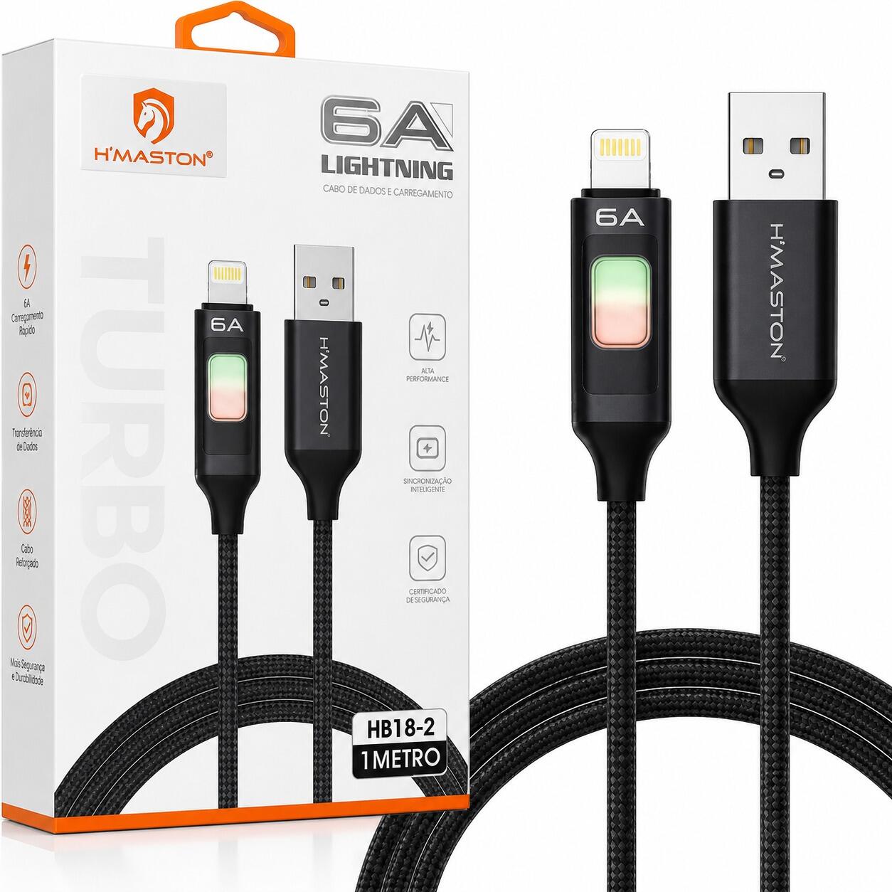 Cabo Lightning 6A Hmaston HB18-2 Carregamento Rápido 1 Metro Reforçado