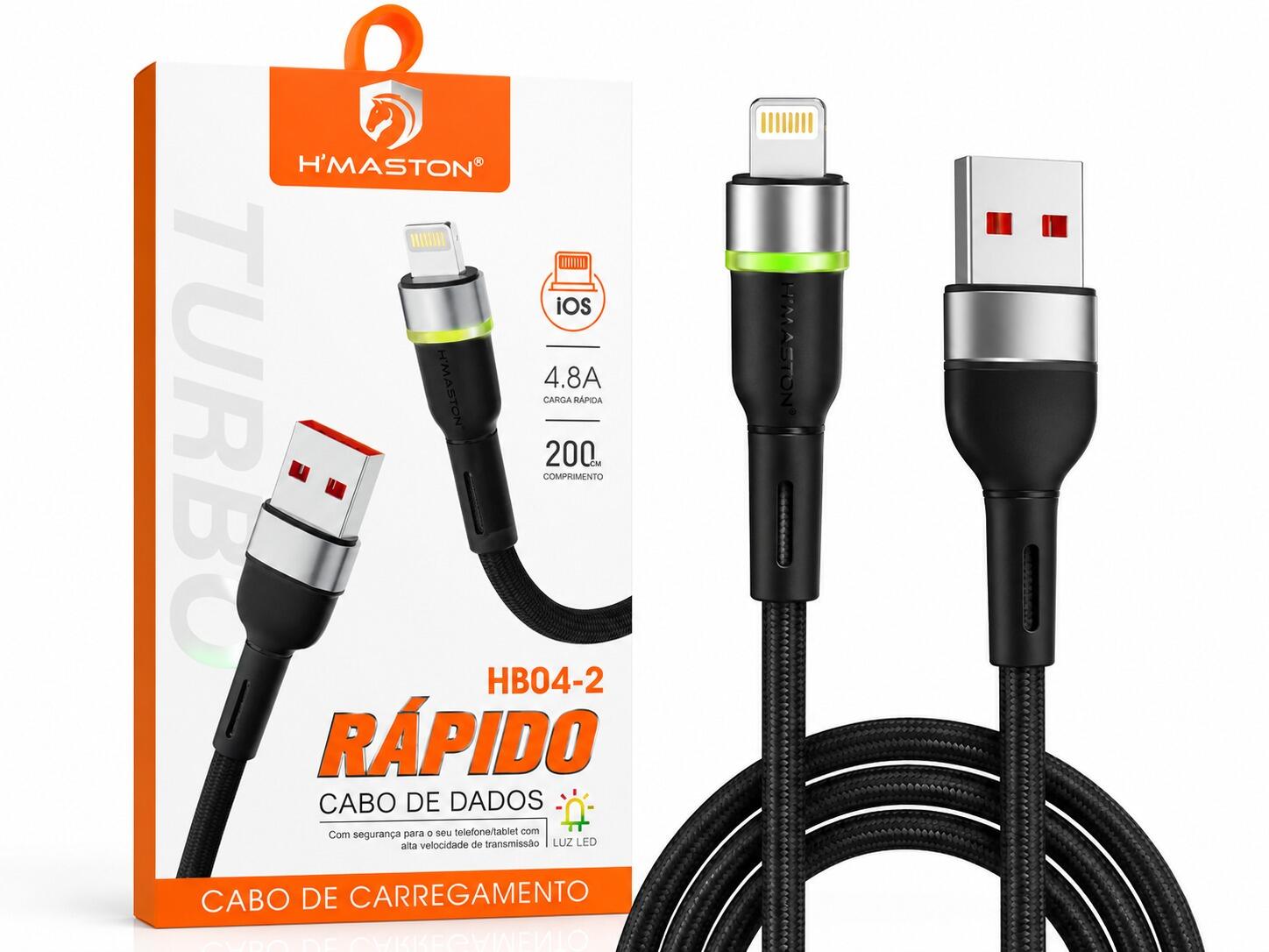 Cabo H?Maston HB04-2 Lightning iPhone 4.8A Turbo 2 Metros Com Luz LED