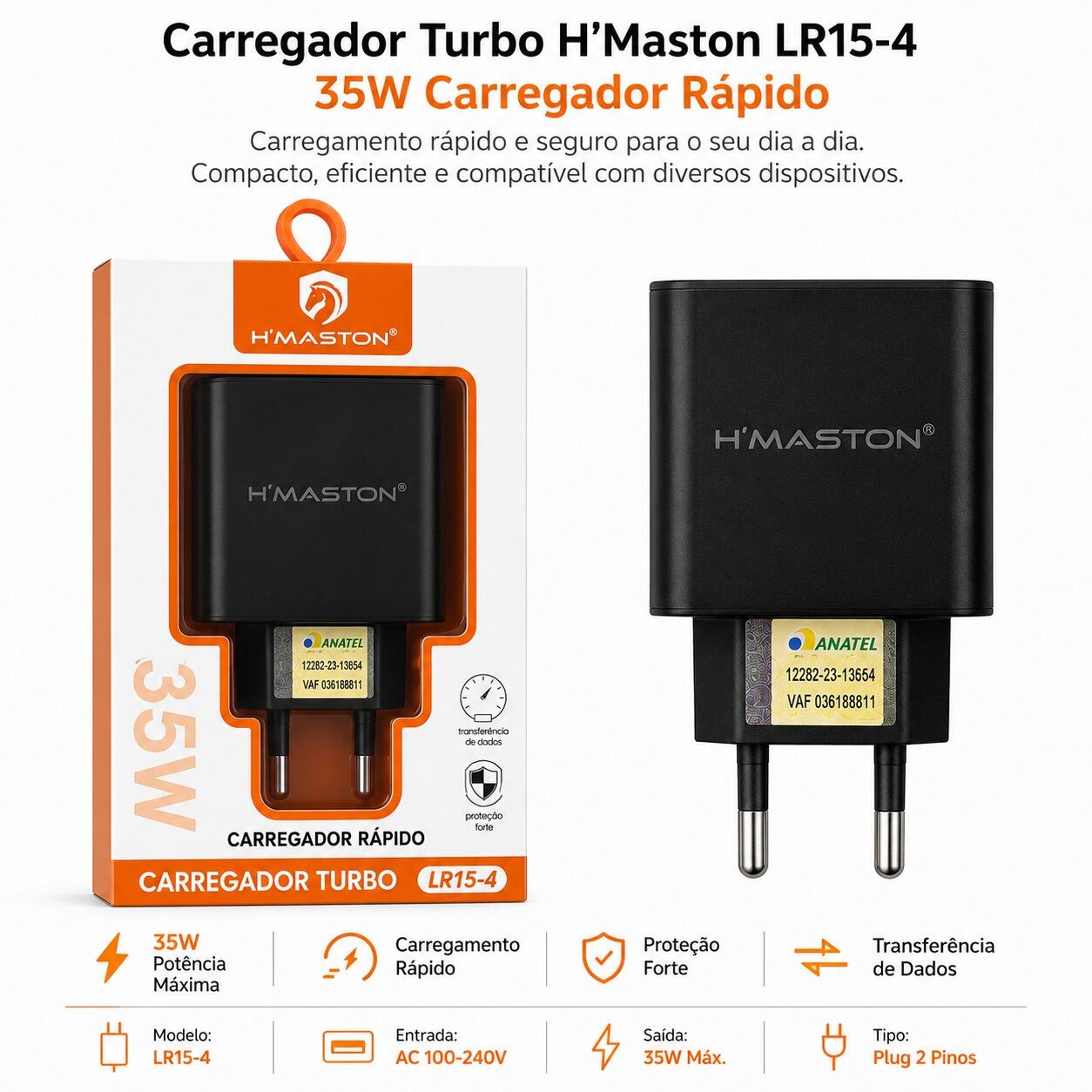 Carregador Turbo H?Maston LR15-4 35W Carregamento Rápido Bivolt