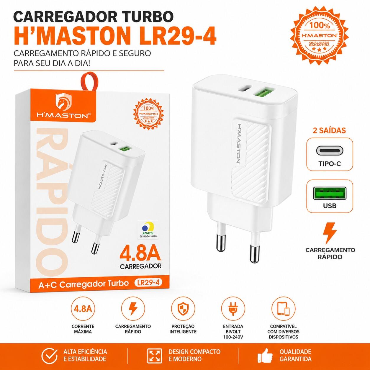 Carregador Turbo H?Maston LR29-4 4.8A USB + Tipo-C Bivolt