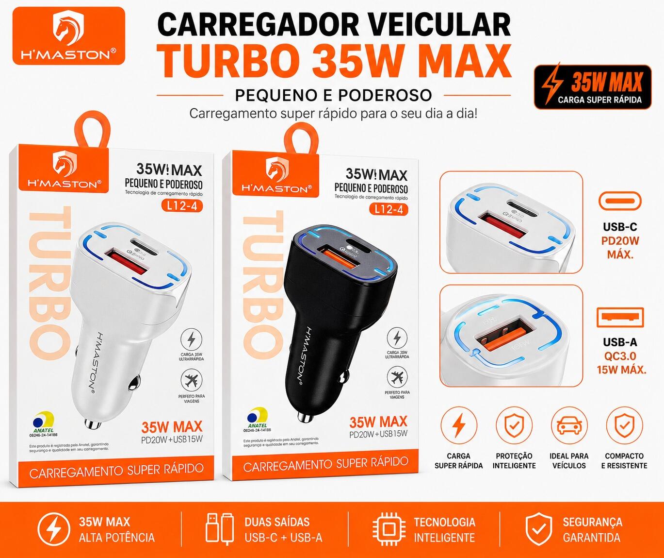 Carregador Veicular Turbo H?Maston L12-4 35W USB + Tipo-C Super Rápido