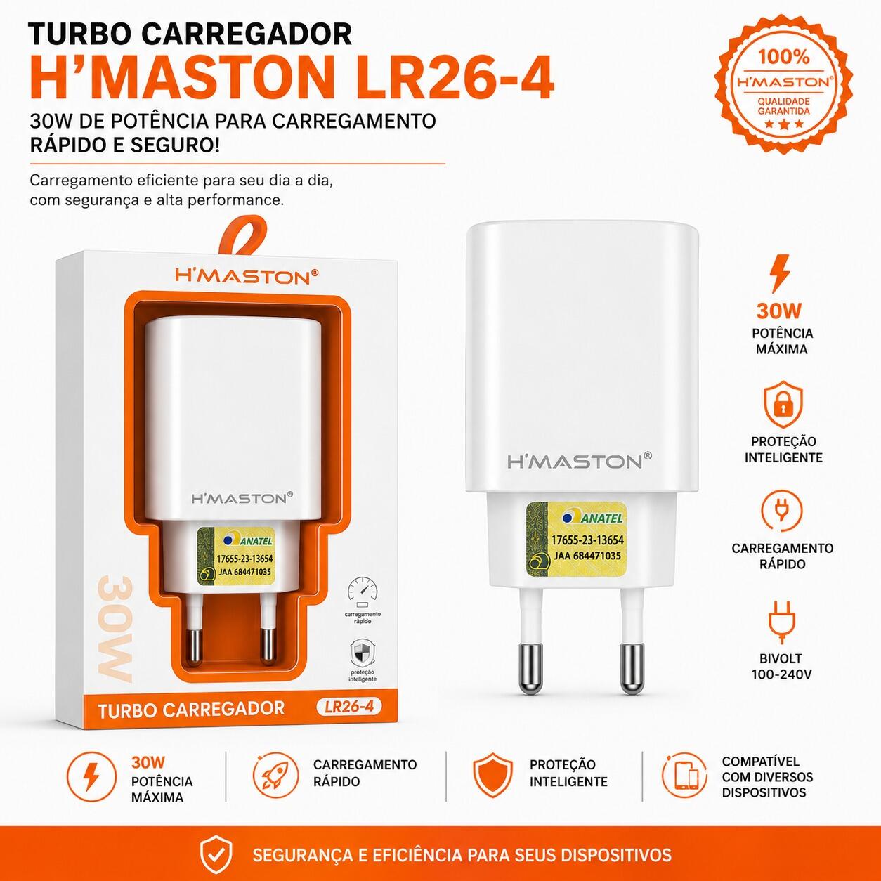 Carregador Turbo H?Maston LR26-4 30W Carregamento Rápido Bivolt