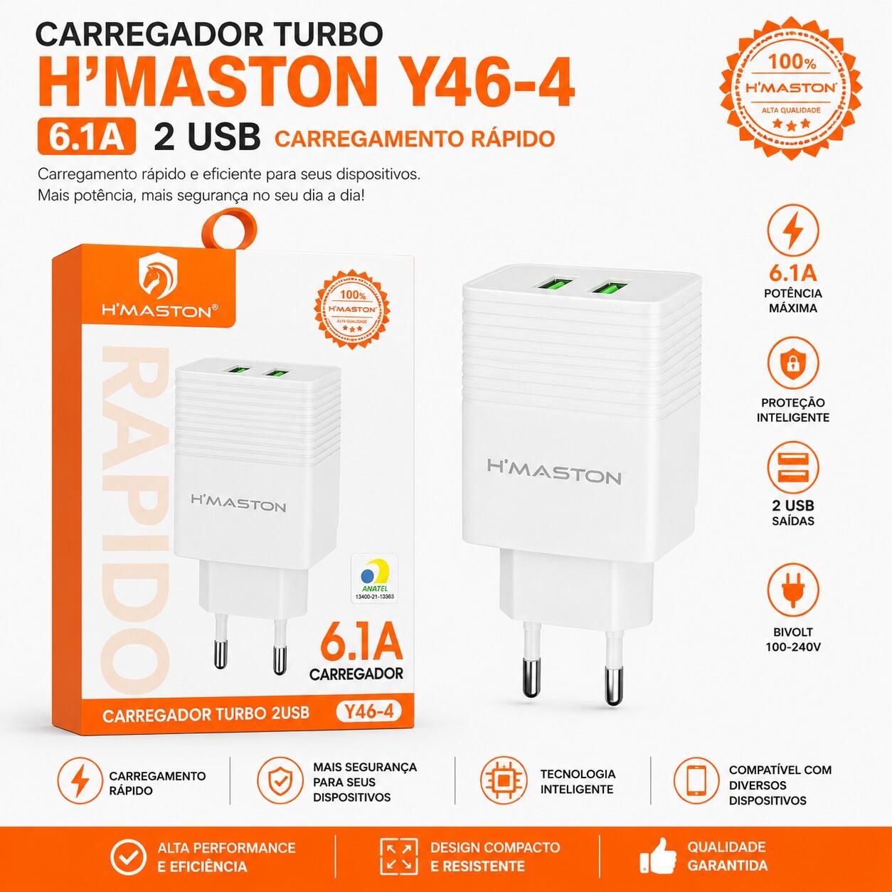Carregador Turbo H?Maston Y46-4 6.1A Dual USB Carregamento Rápido