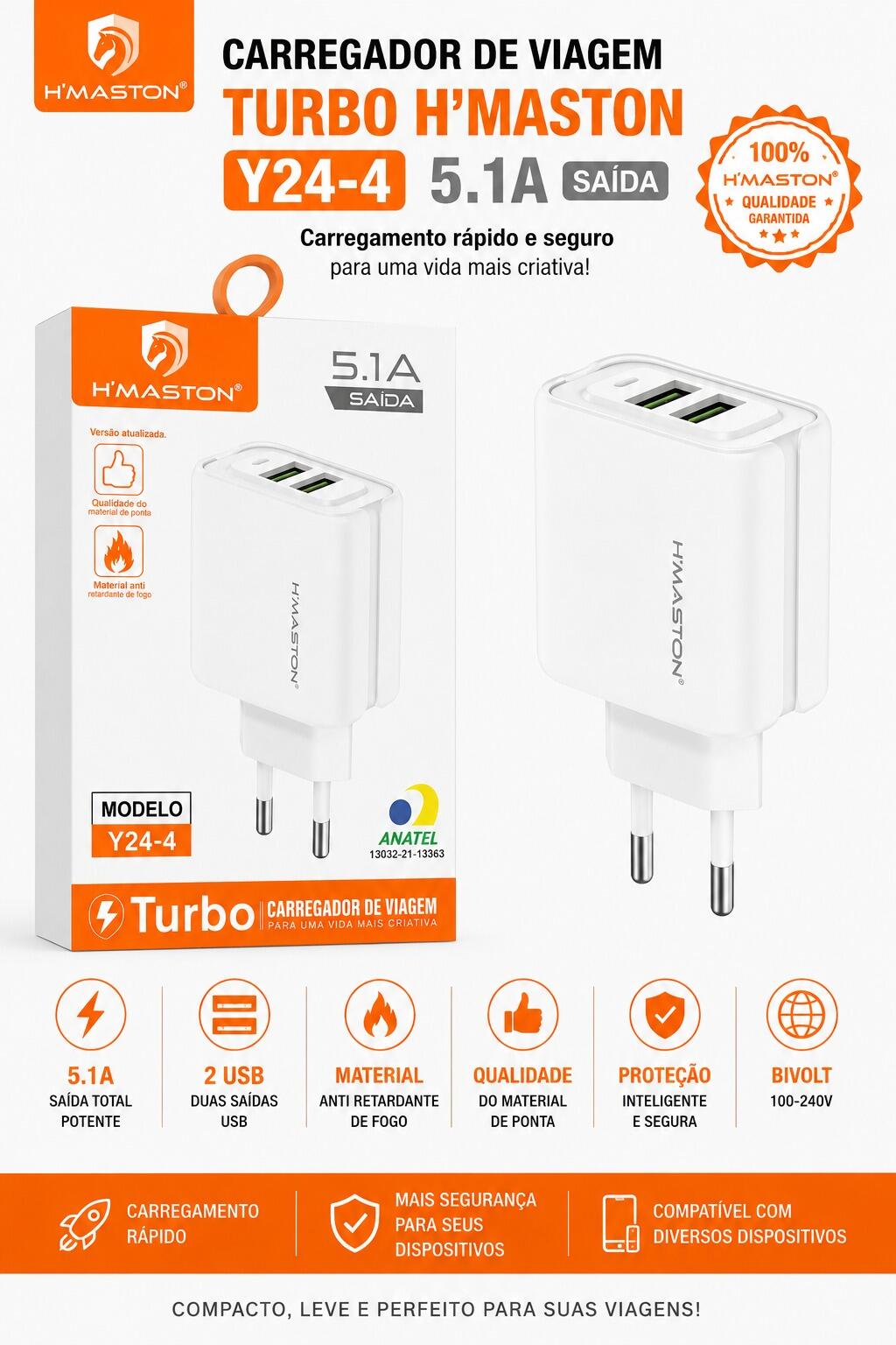 Carregador Turbo H?Maston Y24-4 5.1A 2 USB Bivolt Carregamento Rápido