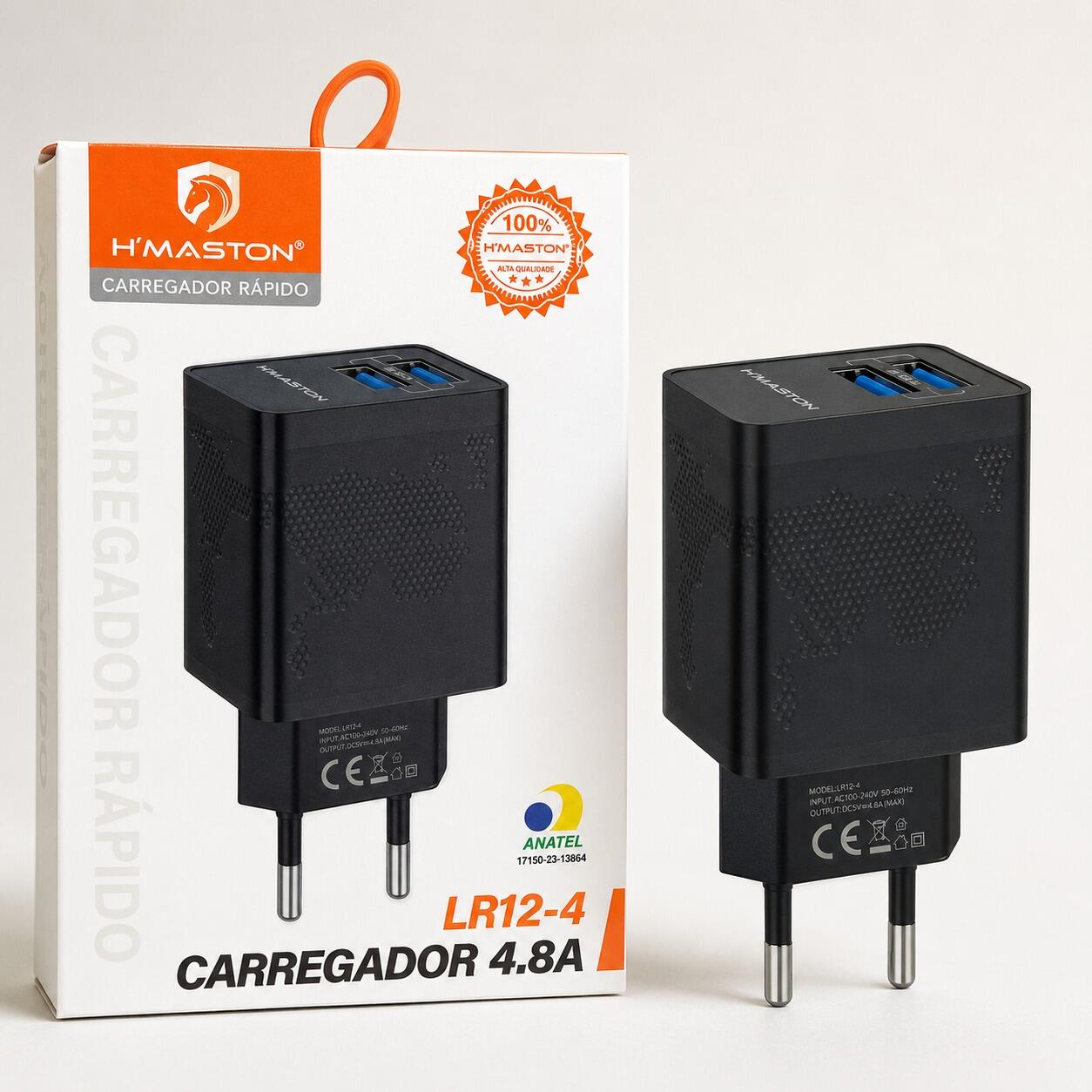 Fonte Carregador Rápido H?Maston LR12-4 4.8A Duplo USB Preto Bivolt