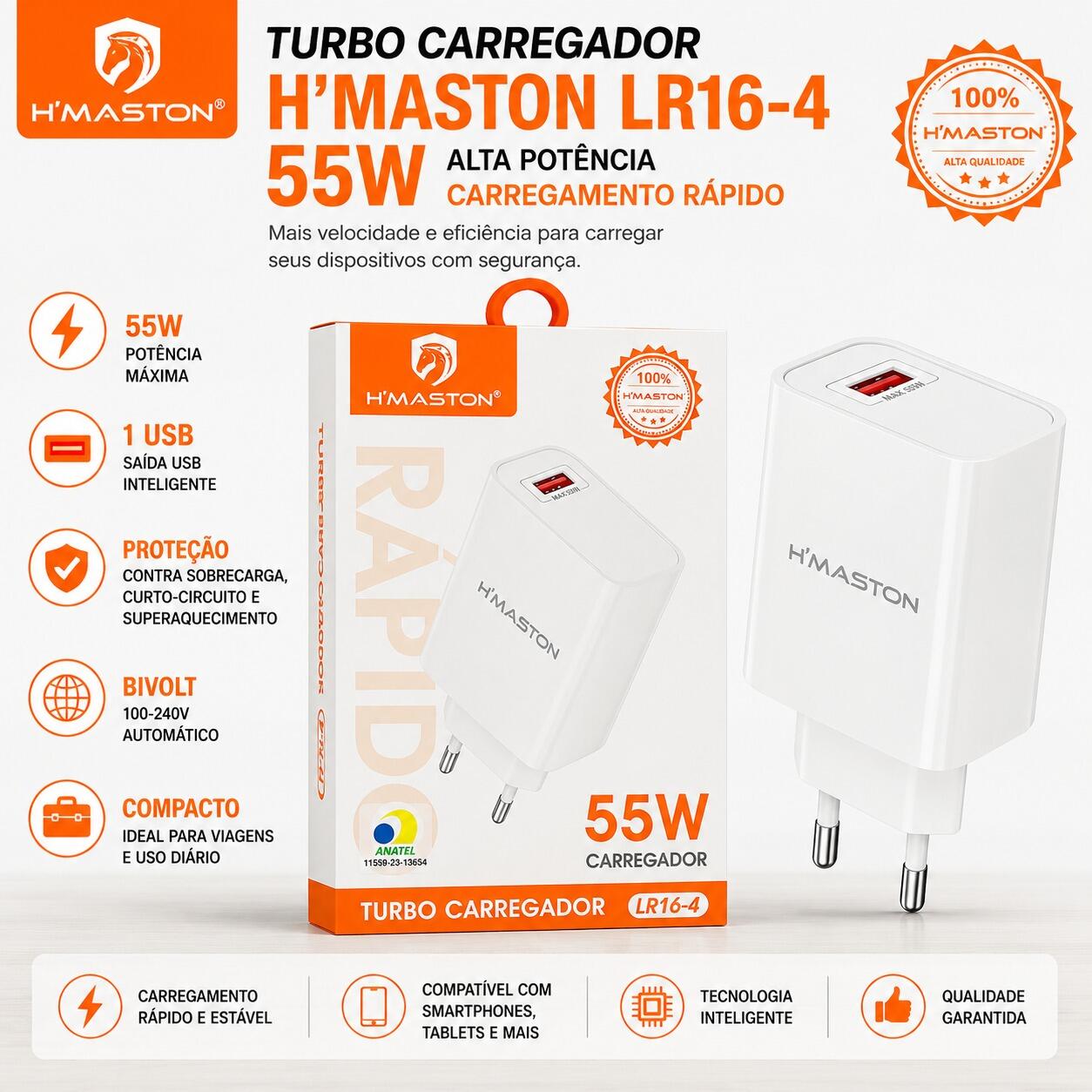 Carregador Turbo H?Maston LR16-4 55W USB Rápido Bivolt Branco