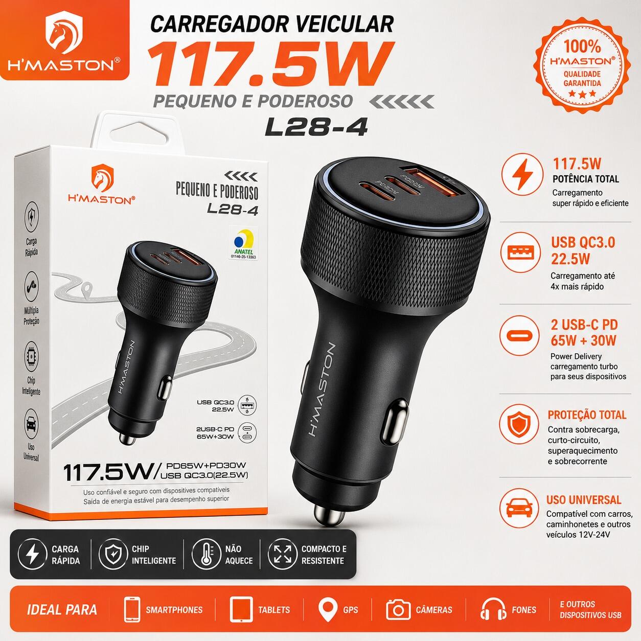 Carregador Veicular H?Maston L28-4 117.5W PD65W + PD30W QC3.0 Turbo USB e Tipo-C