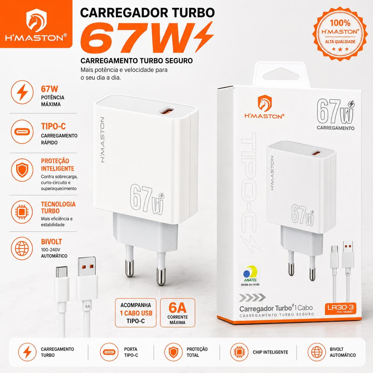 Carregador Turbo H?Maston LR30-3 67W Tipo-C com Cabo USB-C Branco