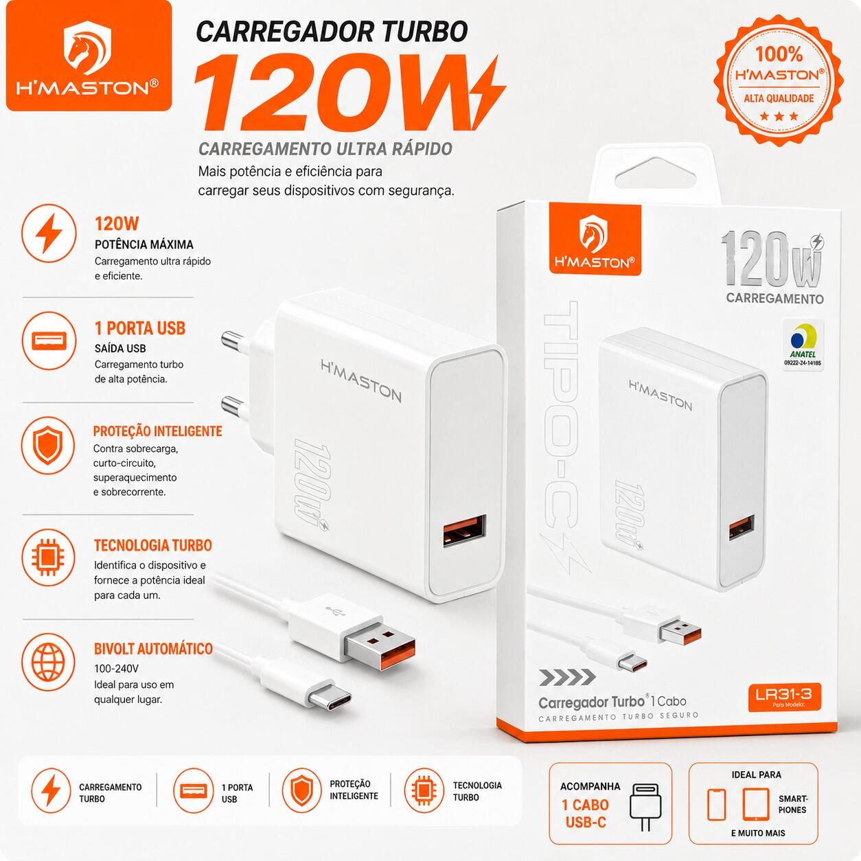 Carregador Turbo H?Maston LR31-3 120W com Cabo USB-C Branco