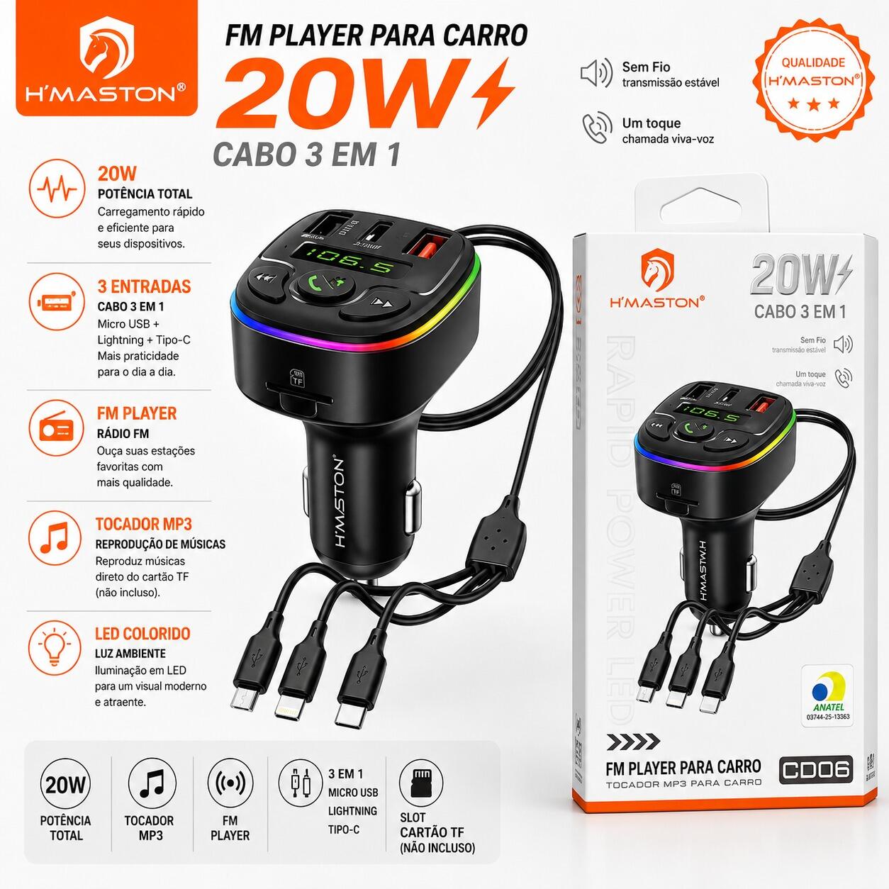 FM Player Veicular Bluetooth H'Maston CD06 20W 3 Em 1 USB Tipo-C iPhone