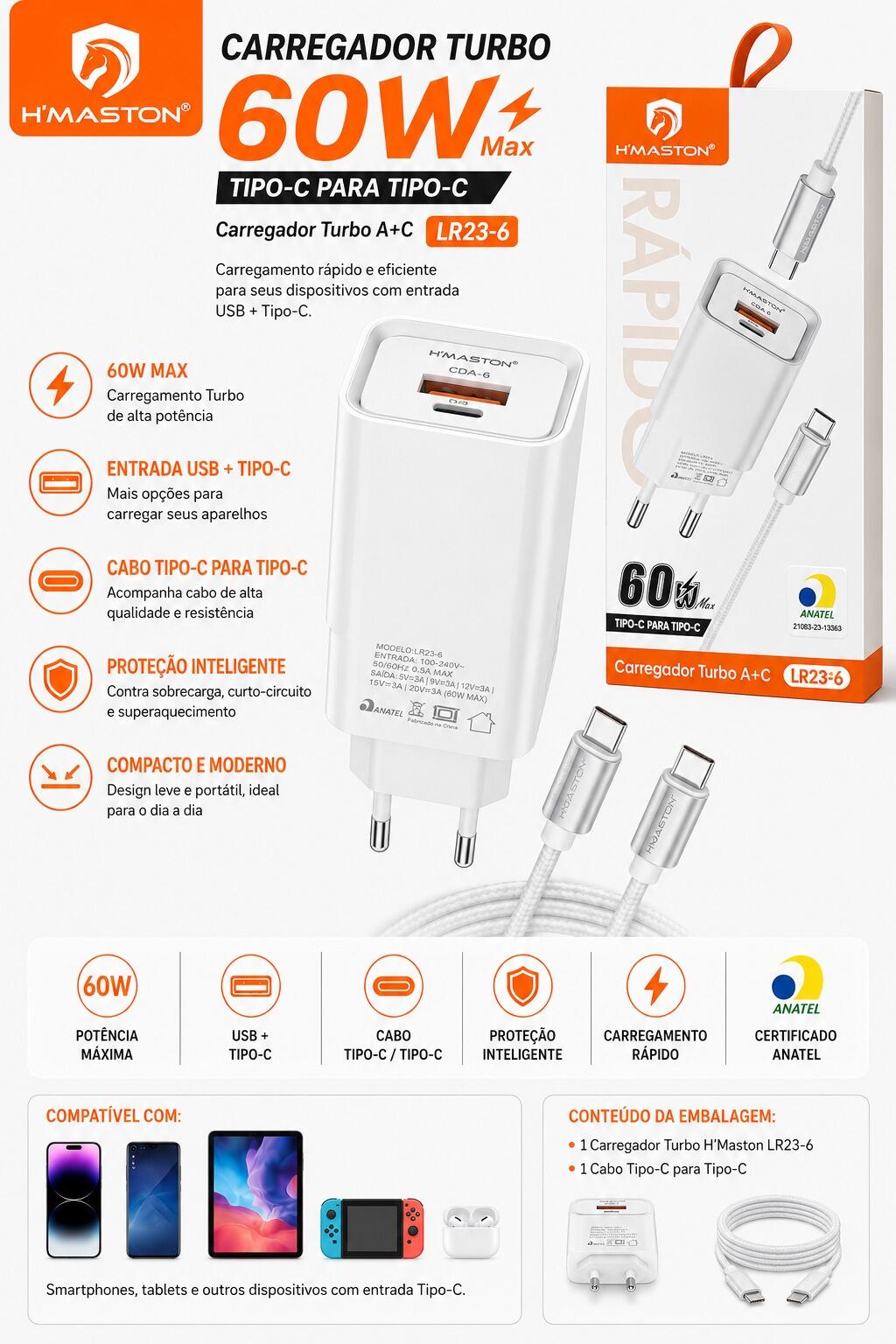 Carregador Turbo H'Maston LR23-6 60W Max Tipo-C Para Tipo-C Com Cabo