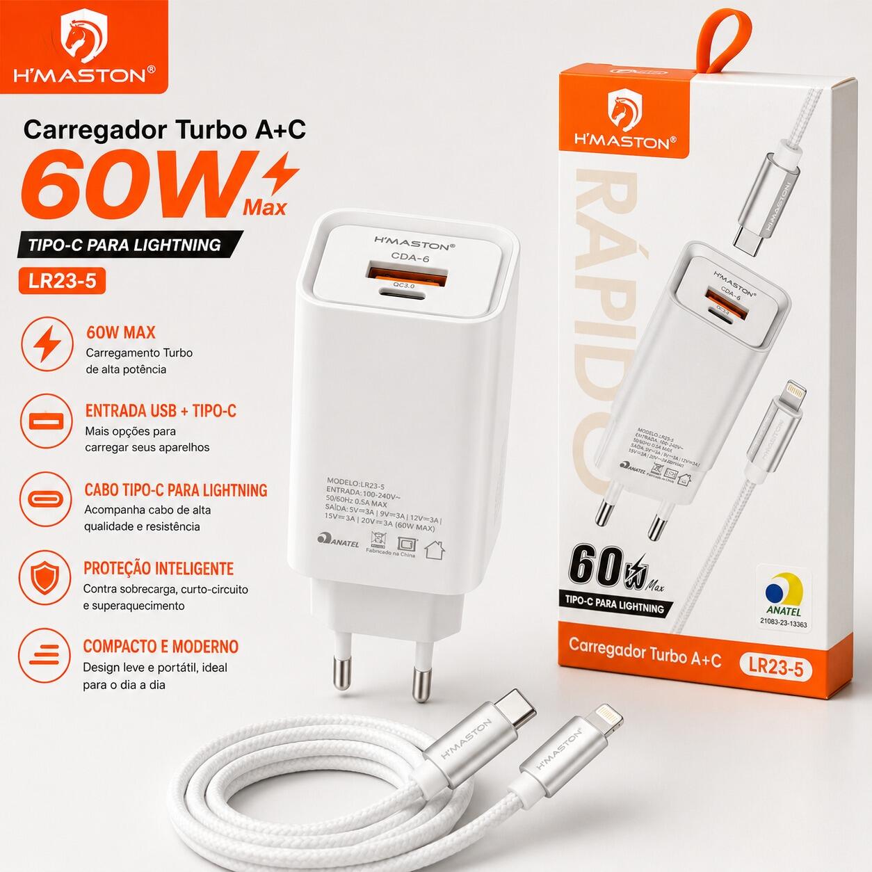 Carregador Turbo H'Maston LR23-5 60W Max Tipo-C Para Lightning Com Cabo