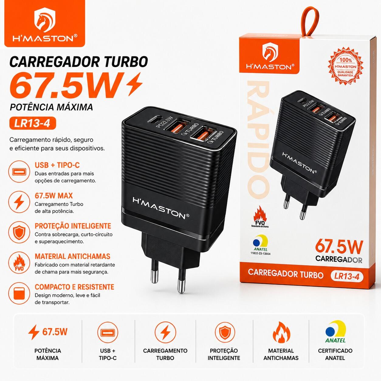Carregador Turbo H'Maston LR13-4 67.5W USB + Tipo-C Carregamento Rápido