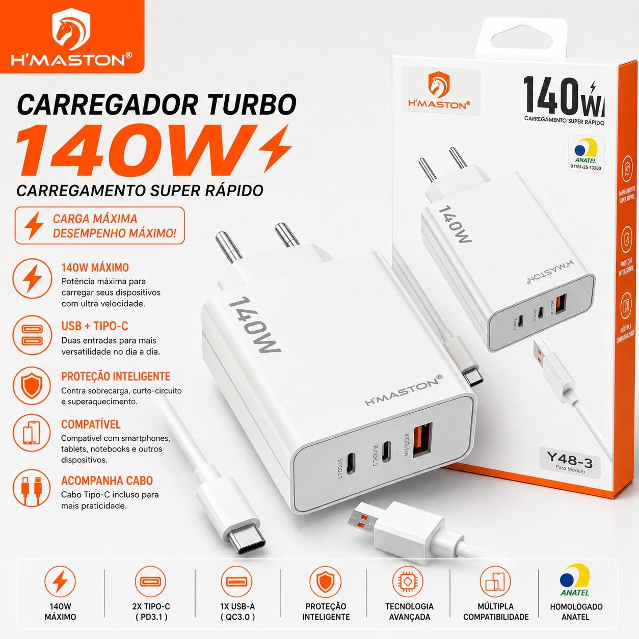 Carregador Turbo H?Maston 140W Super Rápido USB + Tipo-C Com Cabo Tipo-C Modelo Y48-3