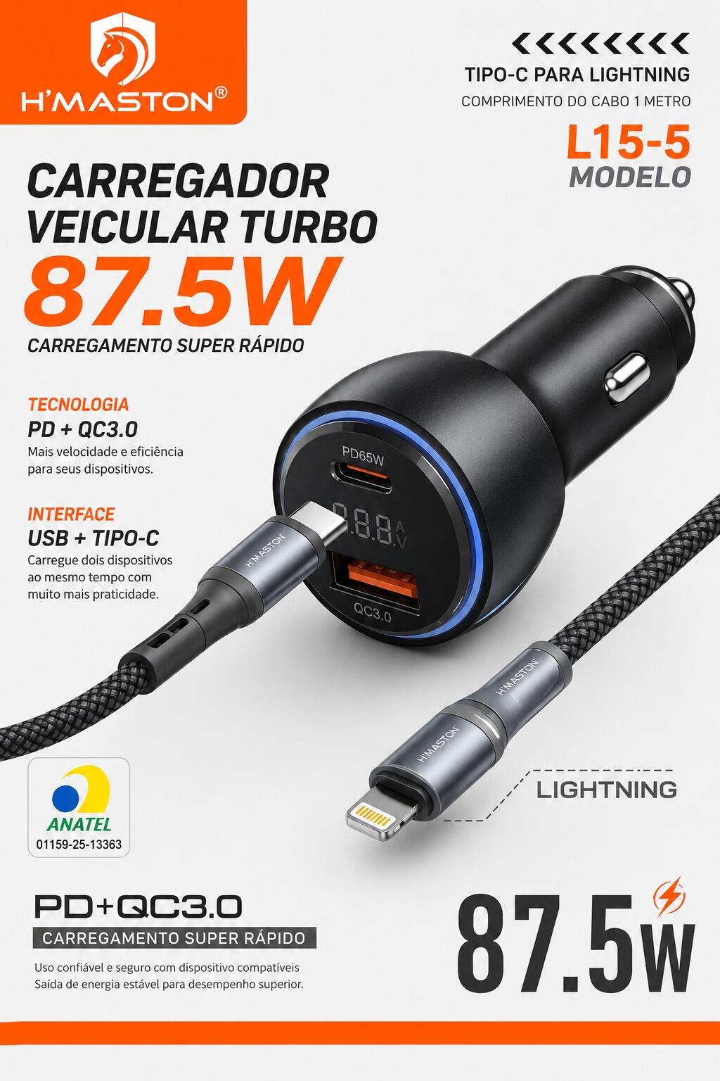 Carregador Veicular Turbo H?Maston 87.5W PD + QC3.0 Lightning Modelo L15-5