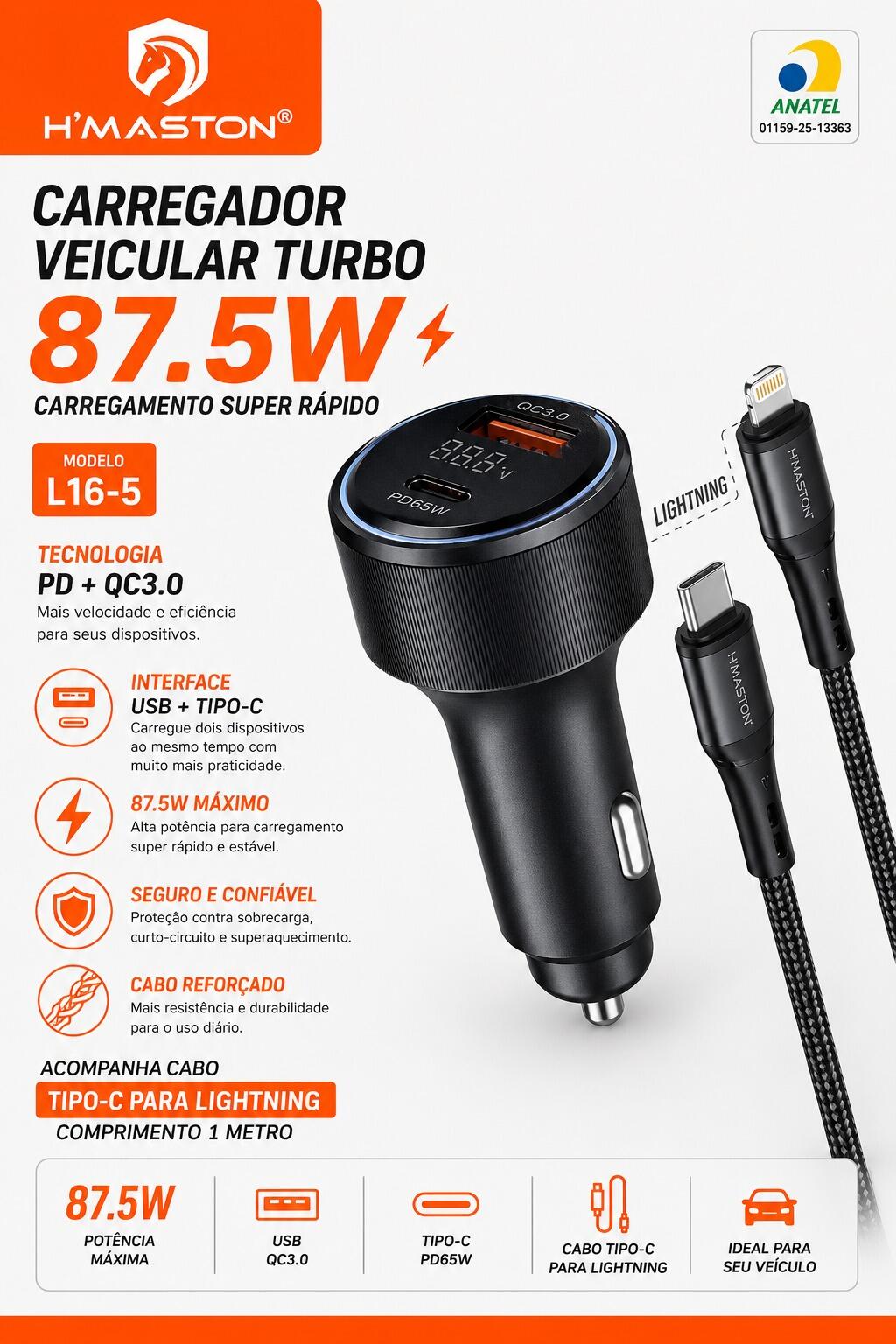Carregador Veicular Turbo H?Maston 87.5W Tipo-C Para Lightning Modelo L16-5