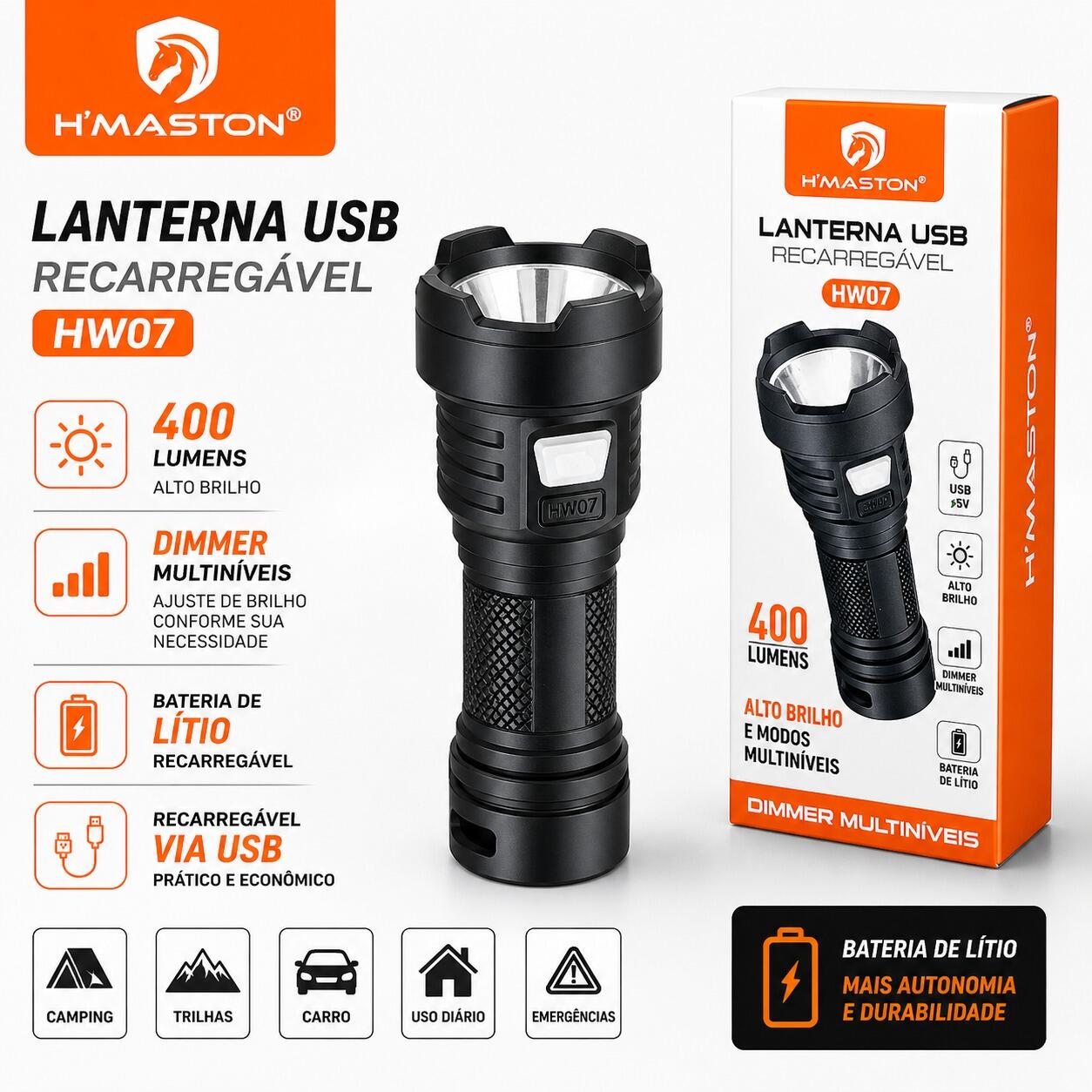 Lanterna Tática Recarregável H?maston HW07 USB 400 Lumens Multiníveis