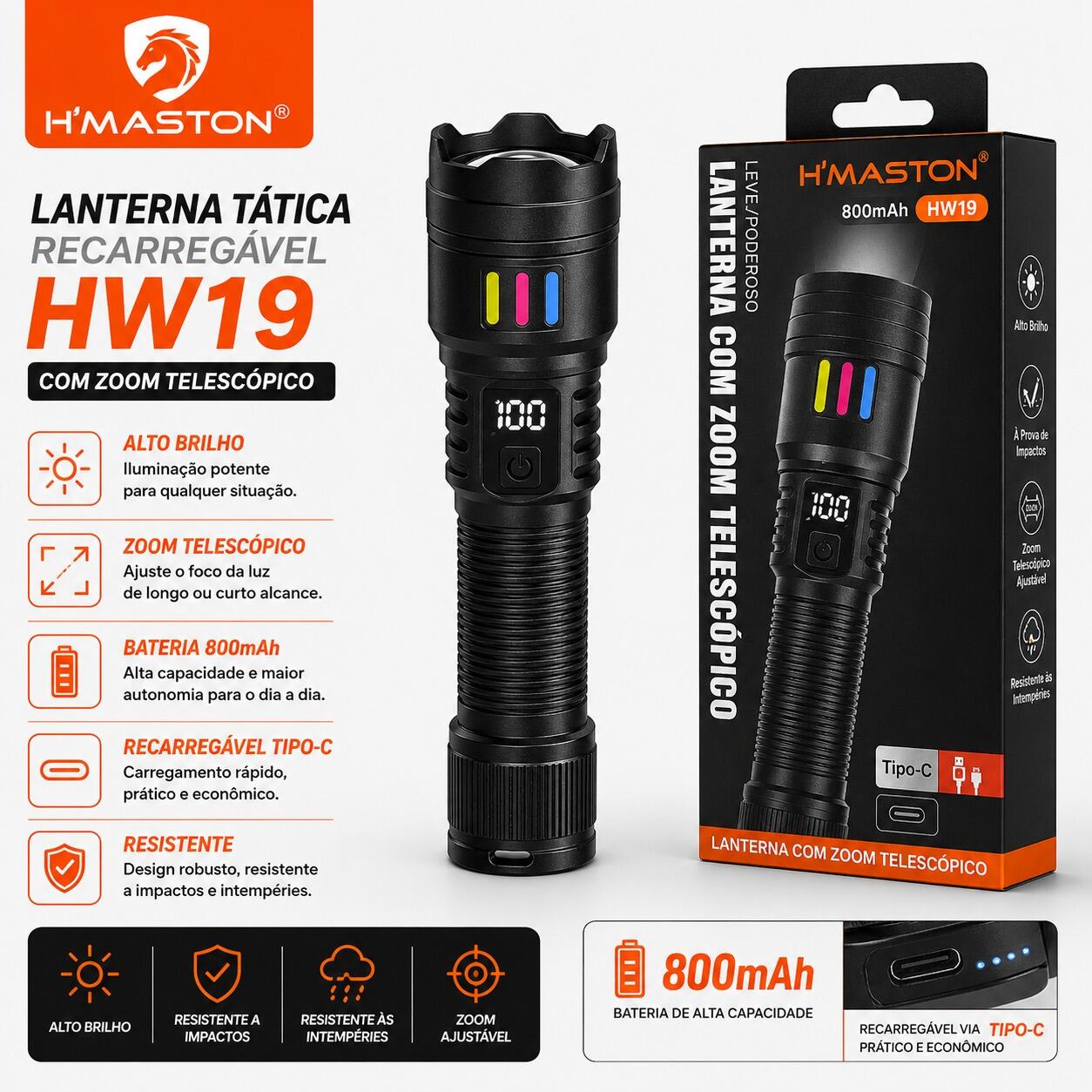 Lanterna Tática H?maston HW19 Recarregável Tipo-C Com Zoom Telescópico