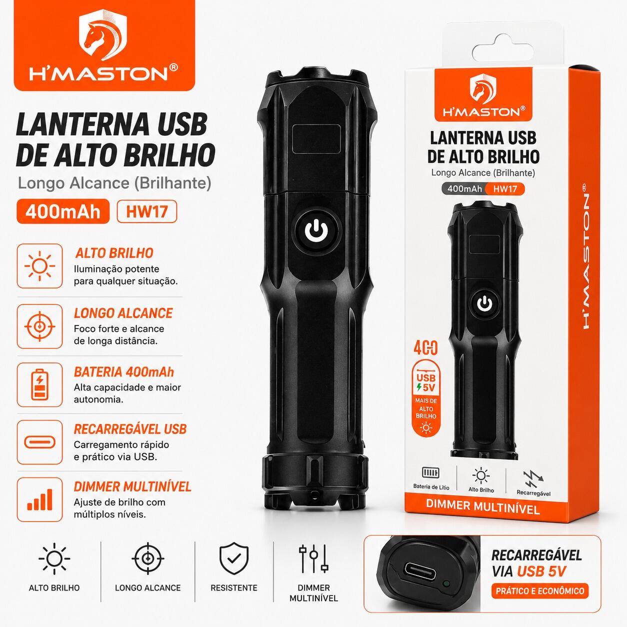Lanterna USB Recarregável H?Maston HW17 Alto Brilho