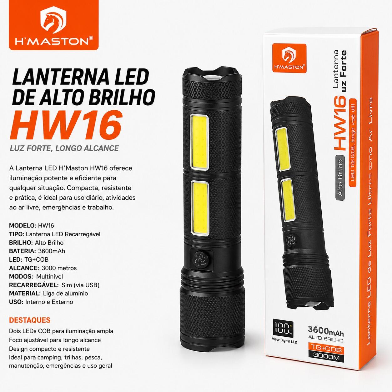Lanterna LED Recarregável H?Maston HW16 Alto Brilho 3600mAh