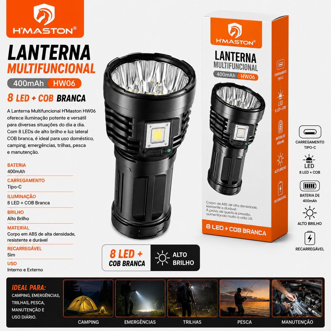 Lanterna Multifuncional Recarregável H?Maston HW06 8 LED + COB