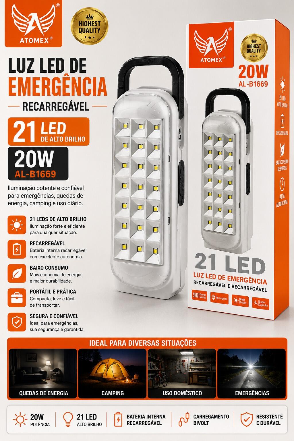 Luz LED de Emergência Recarregável 21 LEDs 20W AL-B1669