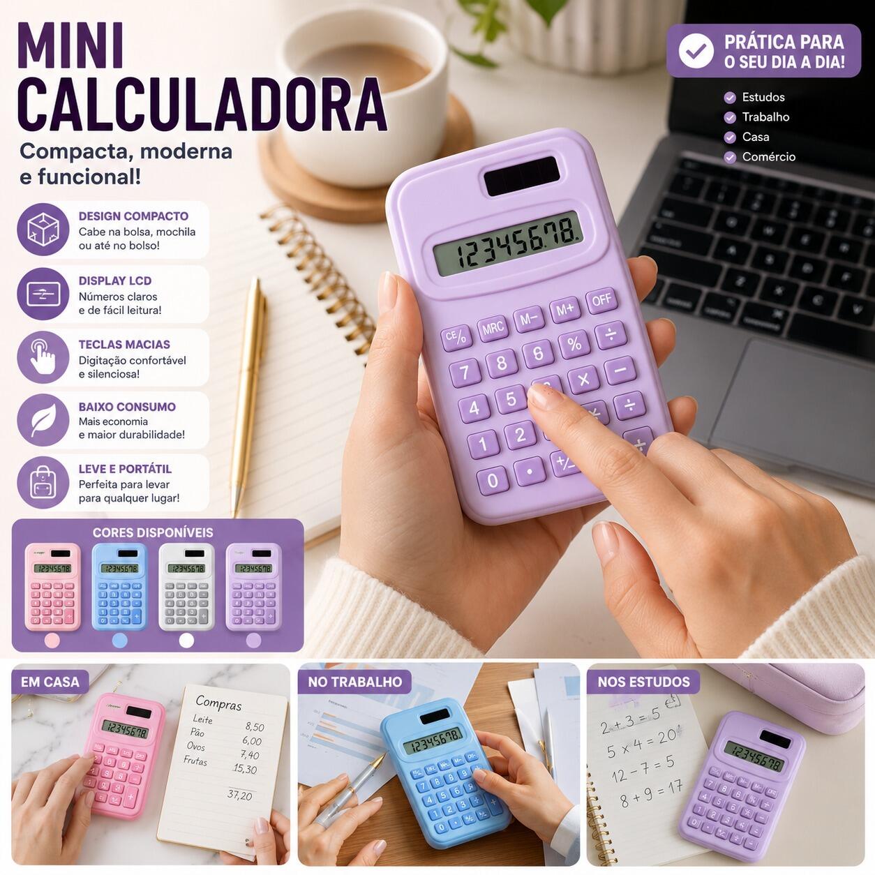 Mini Calculadora Eletrônica Colorida Portátil com Display