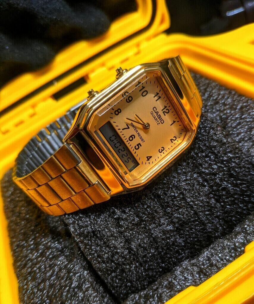 Relógio Casio Vintage Dourado AQ-230 a prova d água digita ponteiro