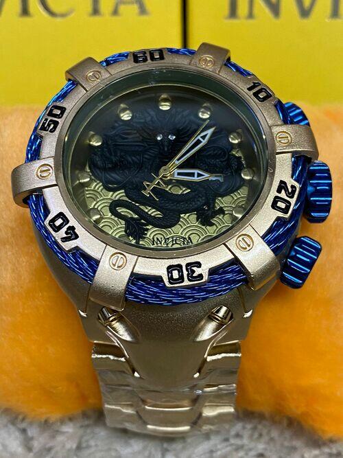 Relógio Masculino Invicta Thunderbolt Dragon dourado aro azul fundo preto Pulseira de Aço A prova dagua c/caixa