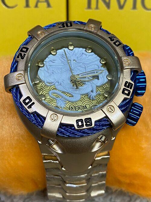 Relógio Masculino Invicta Thunderbolt Dragon dourado fundo azul claro Pulseira de Aço A prova dagua c/caixa