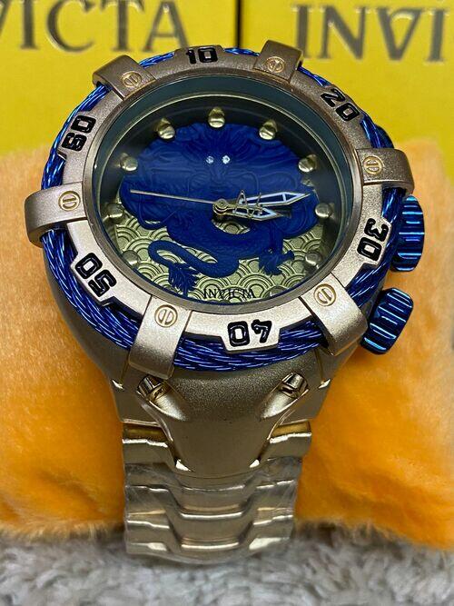 Relógio Masculino Invicta Thunderbolt Dragon dourado com azul escuro Pulseira de Aço A prova dagua c/caixa