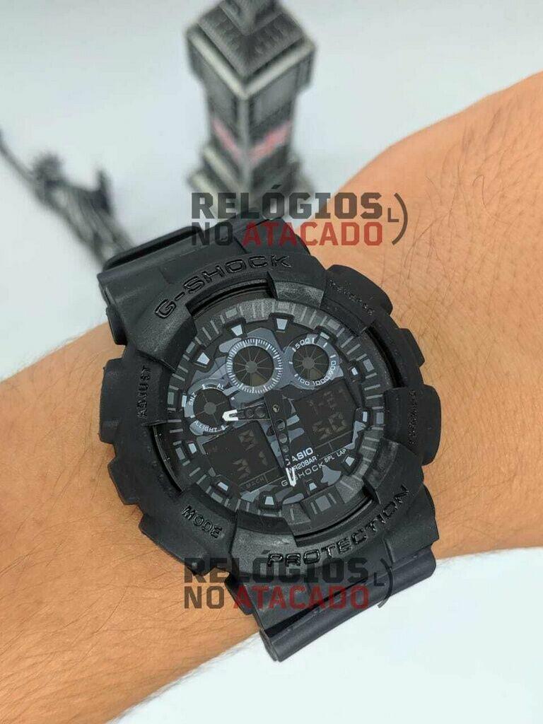 Relógio G-Shock Ga100 Camuflado Preto Fundo Cinza a prova dagua
