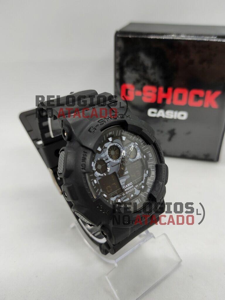 Relógio G-Shock Ga100 Camuflado Preto Fundo Cinza a prova