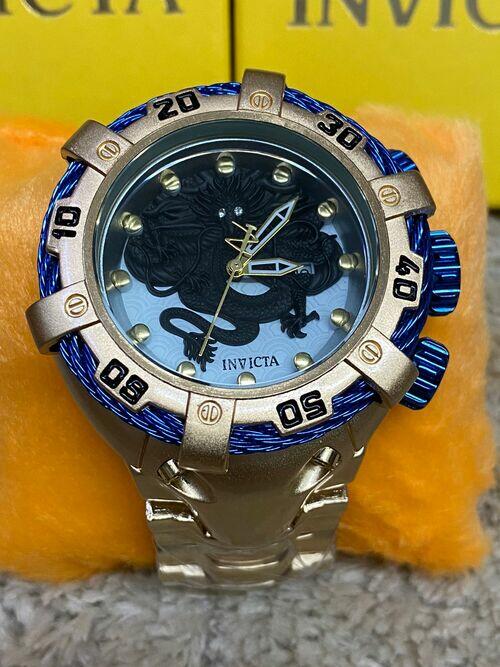Relógio Masculino Invicta Thunderbolt Dragon dourado com azul claro Pulseira de Aço A prova dagua c/caixa