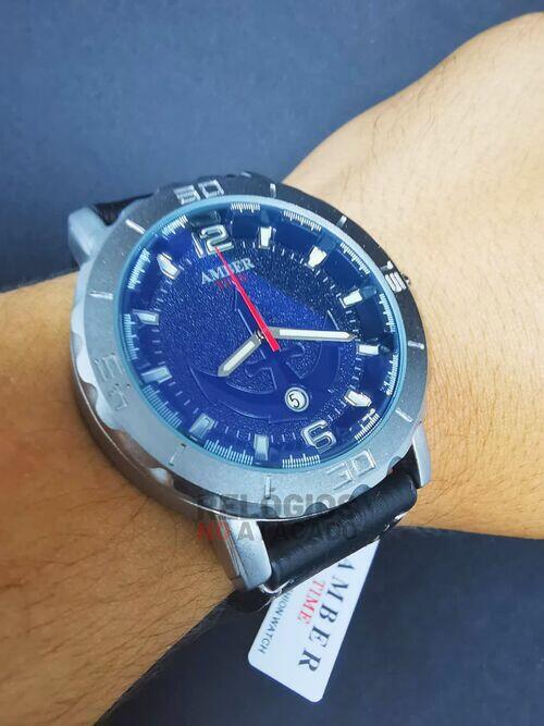 Relógio Amber Time Atlantis Masculino Prata fundo Preto Pulseira de Couro Preto - A Prova D'Água
