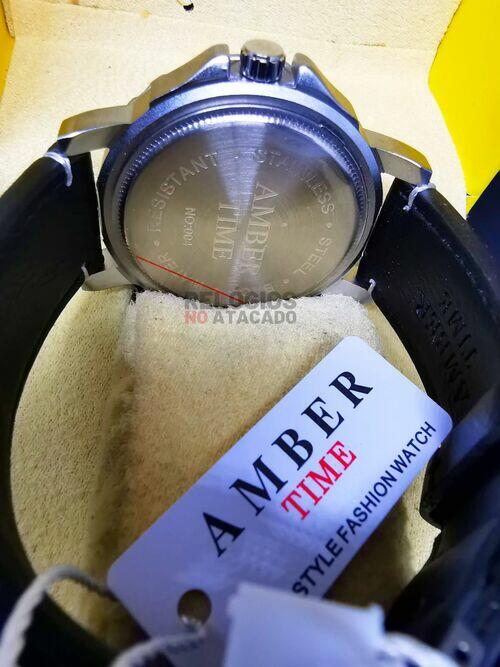 Relógio Amber Time Atlantis Masculino Prata fundo Preto Pulseira de Couro Preto - A Prova D'Água