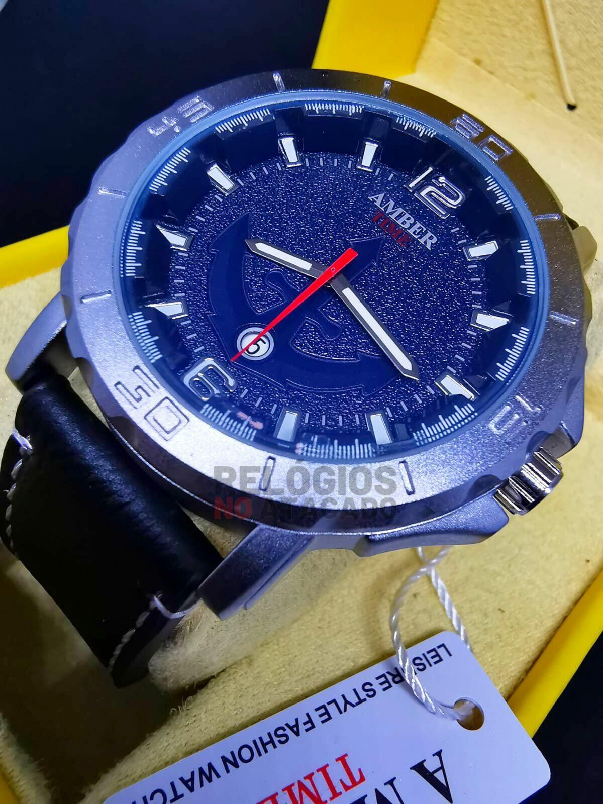 Relógio Amber Time Atlantis Masculino Prata fundo Preto Pulseira de Couro Preto - A Prova D'Água