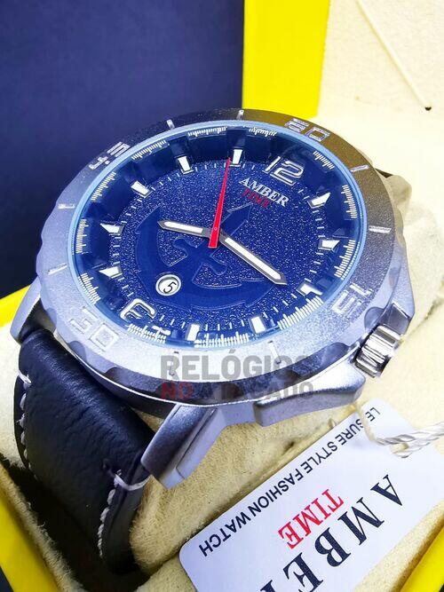 Relógio Amber Time Atlantis Masculino Prata fundo Preto Pulseira de Couro Preto - A Prova D'Água
