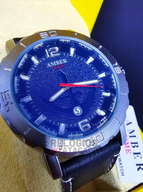 Relógio Amber Time Atlantis Masculino Prata fundo Preto Pulseira de Couro Preto - A Prova D'Água