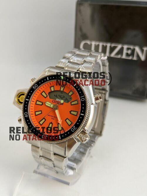 Relógio Citizen Aqualand Laranja P/Aço Série Ouro- A prova d'água (100% Funcional) c/caixa premium