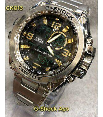 Relógio masculino militar G-Shock Metal P/aço Prata/Dourado Linha gold a prova dagua