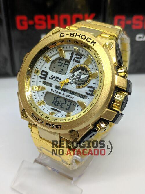 Relógio masculino G-Shock Metal Iron Man 2020 P/aço Dourado/Branco - Linha Gold a prova d'agua