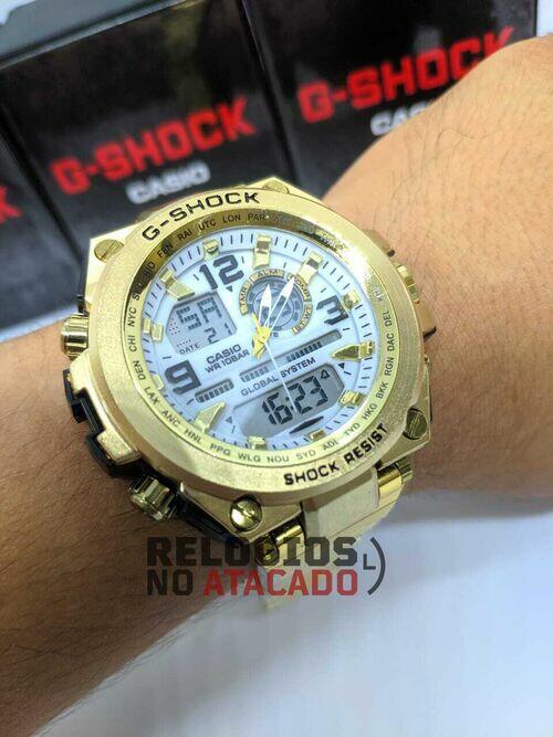 Relógio masculino G-Shock Metal Iron Man 2020 P/aço Dourado/Branco - Linha Gold a prova d'agua
