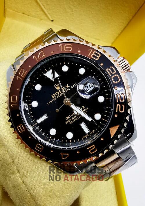 Relógio Masculino Rolex GMT Master ll Rose misto Preto Pulseira de aço