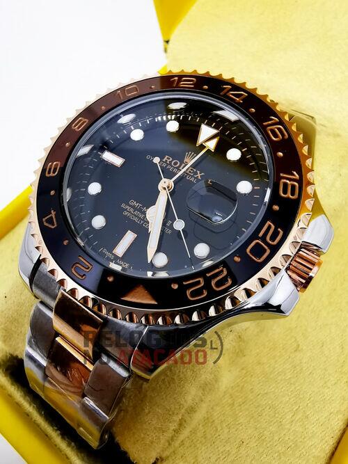 Relógio Masculino Rolex GMT Master ll Rose misto Preto Pulseira de aço