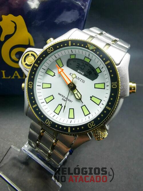 Relógio Aqualand Original Atlantis Dourado/Branco P/Aço A Prova d'água- 100% Funcional (C/Caixa)