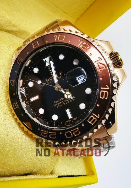 Relógio Masculino Rolex GMT Master ll Rose / Preto Pulseira de aço