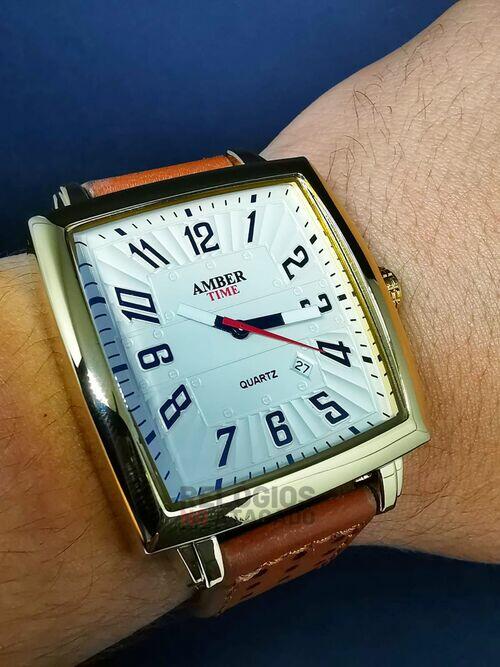 Relógio Amber Time Atlantis Masculino Dourado Pulseira de Couro Marrom - A Prova D'Água