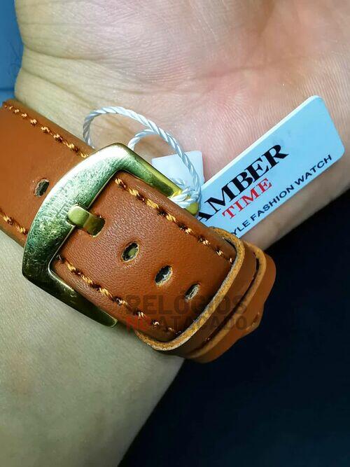 Relógio Amber Time Atlantis Masculino Dourado Pulseira de Couro Marrom - A Prova D'Água